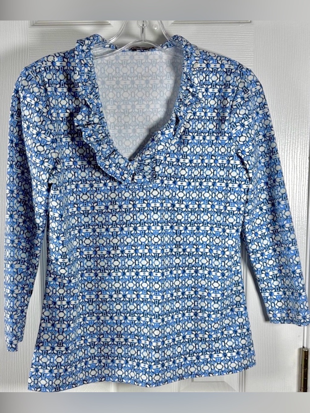 J. McLaughlin Blue 3/4 Sleeve Blouse with Ruffle Collar Stretchy Small